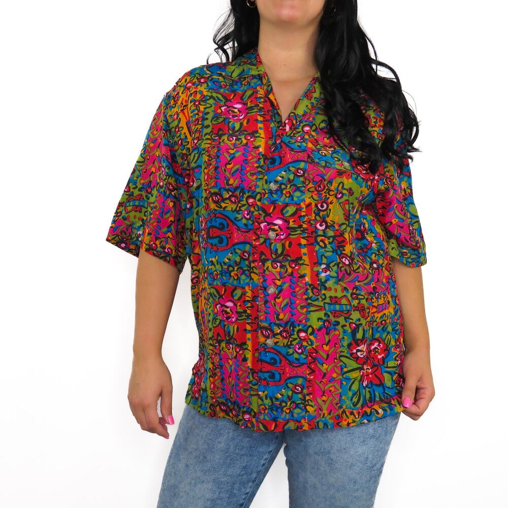 1980s Vintage Multi Color Abstract Art Deco Short Sleeve Button Down Top Medium